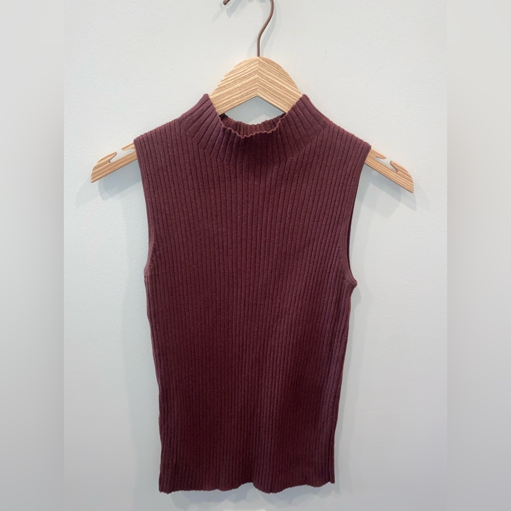 Ann Taylor Brown Ribbed Knit Mock Neck Sleeveless Tank Top Women’s Small Petite